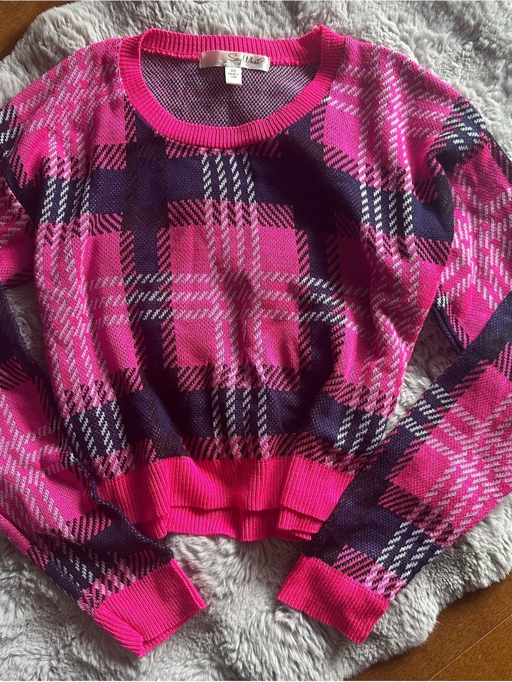 Say What? Hot Pink & Black Plaid Crewneck Sweater